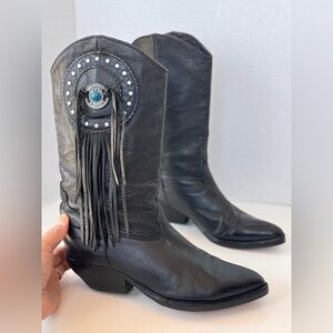 Vintage Zodiac Black Leather Fringe Concho Cowboy Western Festival Boho Boots 90